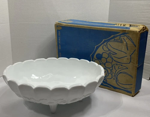 Vintage Indiana Milk Glass Large Footed Fruit Bowl Embossed Fruit & Leaf W/Box