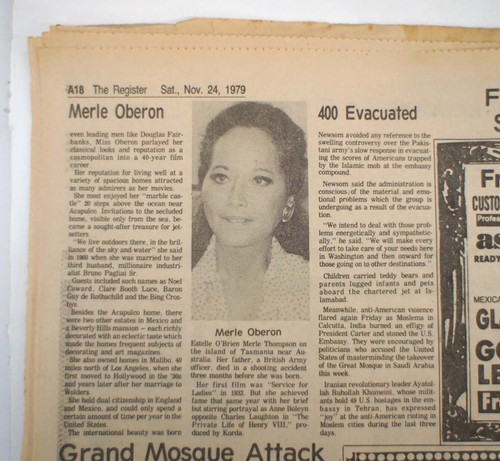 MERLE OBERON ACTRESS DIES AT 68 Nov 24 1979 Wuthering Heights **READ as is - Picture 4 of 13
