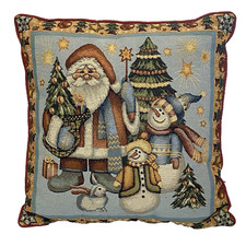 Vtg Christmas Santa Claus  Snowman Tapestry Square Throw Pillow 17"