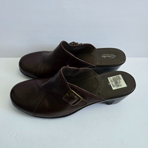 Clarks Bendables 8.5 W Leather Clogs Mules Womens Brown Leather Slip On Heeled - Picture 4 of 8