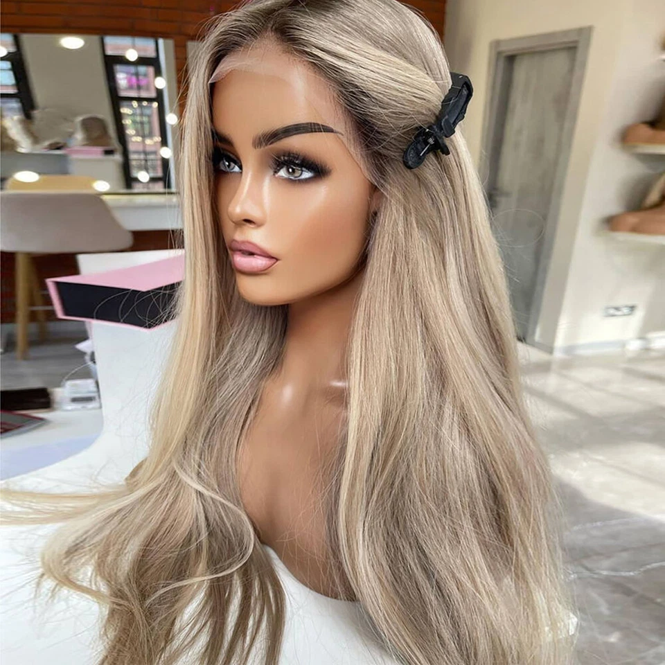 Ash Blonde Straight Lace Front Wig 100% Human Hair Dark Roots Pre Plucked - Image 3 of 4