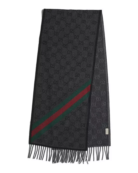 Foulard Gucci neuf avec étiquette logo Nikky GG imprimé fabriqué en Italie laine gris foncé