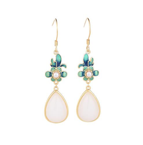 Jade Drop Dangle Earrings Flowers Cloisonne Bohemian Ear Hook 18K Gold Plated - Picture 8 of 8