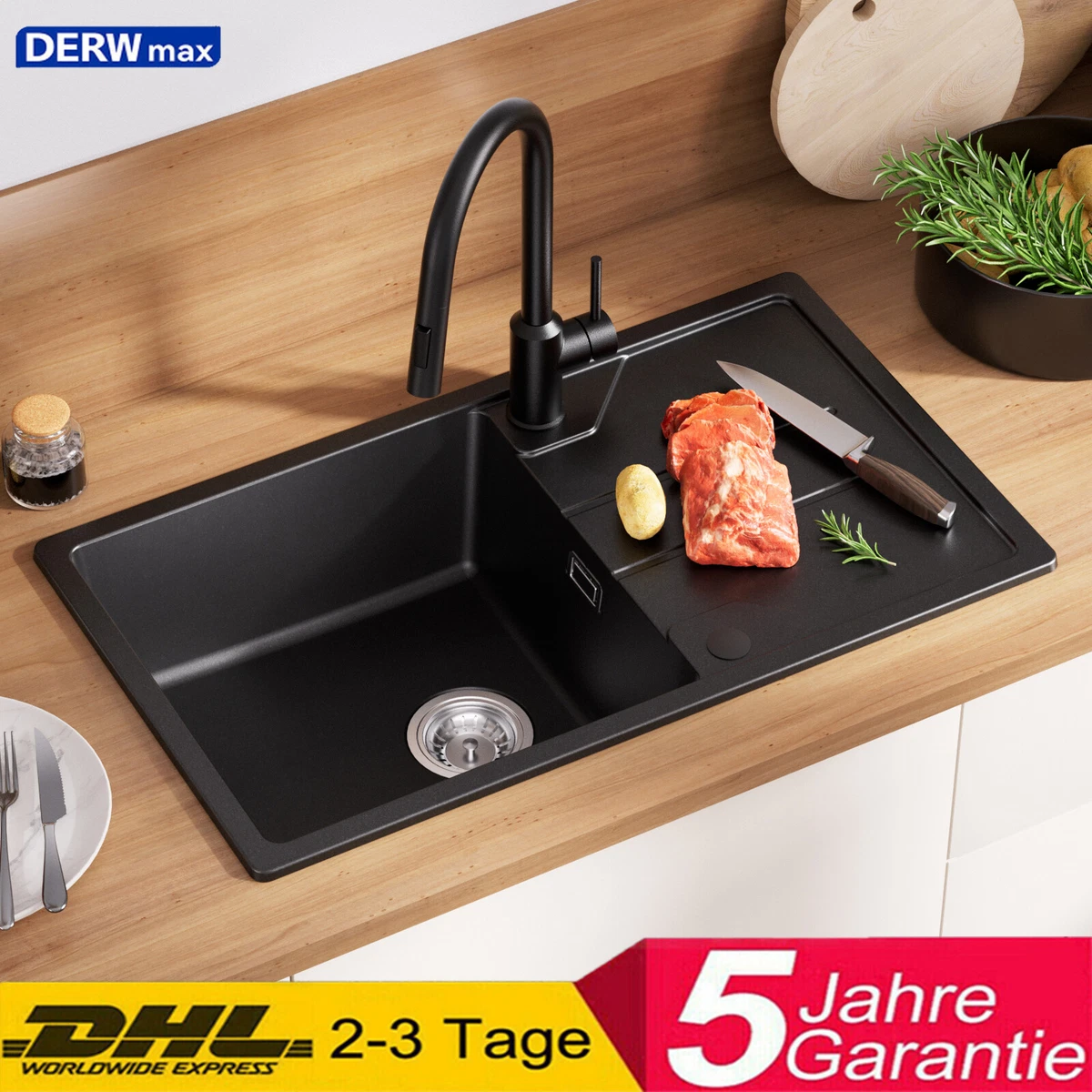 Fregadero Cocina Empotrable,1 Bandeja,60*49*20CM,inox 304,Negro