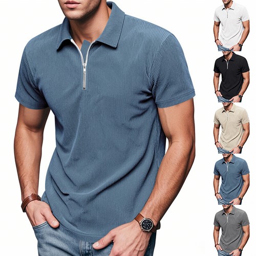 Men's Summer Loose Corduroy Shirt Half Zip Lapel Sport Short Sleeve T-shirt Tops - Imagen 3 de 25