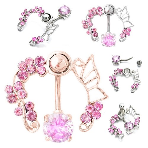 Pink Silver Zircon Crystal Fllower Navel Ring Butterfly Belly Button Piercing - Picture 2 of 10