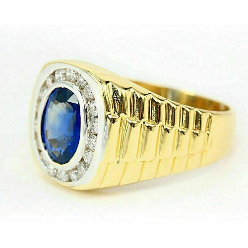 14KYellow Gold Plated 2.25 Ct Oval Simulated Sapphire Halo Men's Engagement Ring - Picture 2 of 7