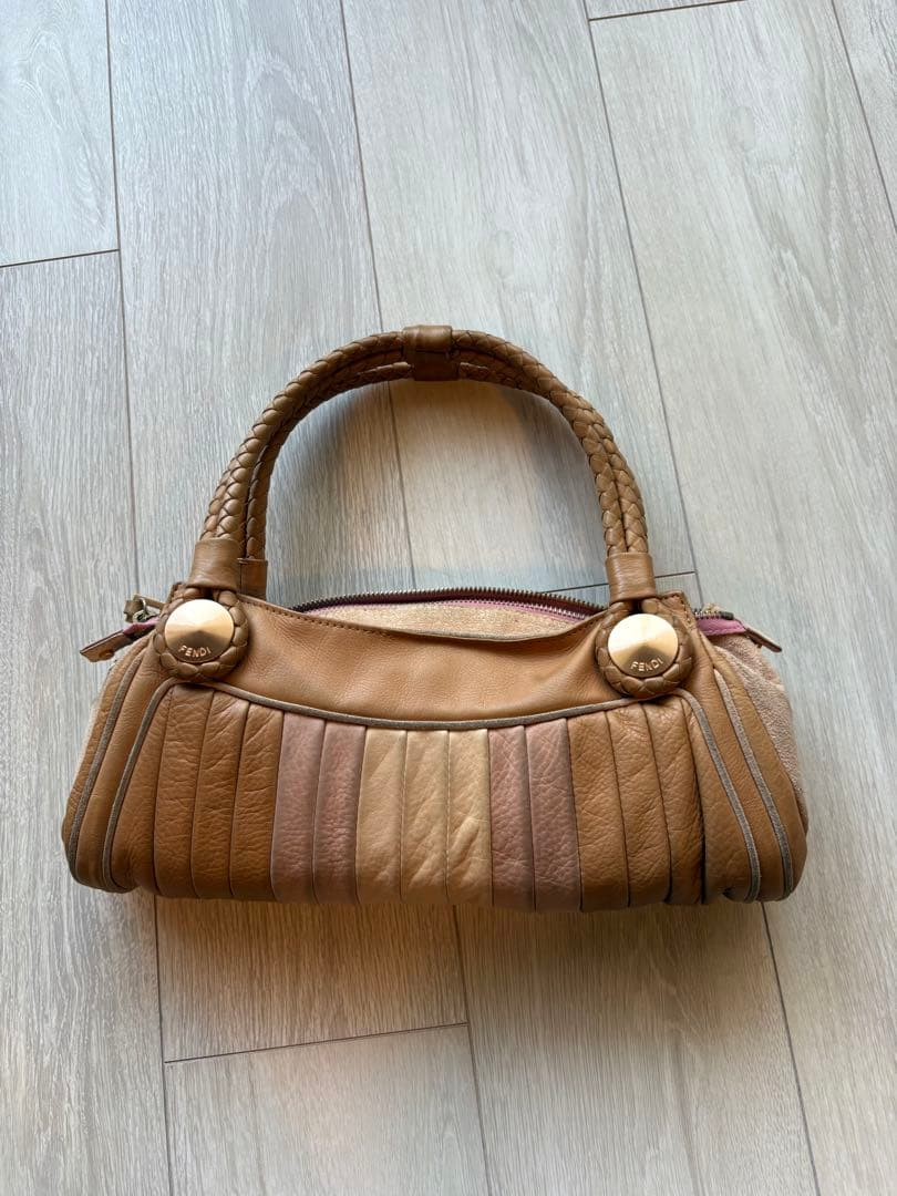 Fendi Leather Suede Shoulder Bag Pink Brown Woven Handle Vintage