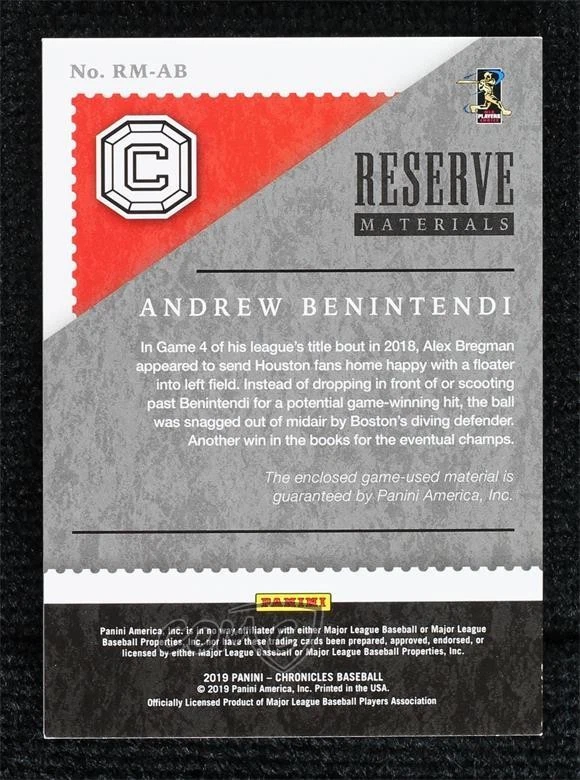 2019 Panini Chronicles Reserve Materials /99 Andrew Benintendi #RM-AB - Image 2 of 2