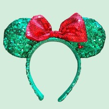 Mickey Mouse Minnie Ears Christmas with Holly, Red Sequin Bow and Green Sequins