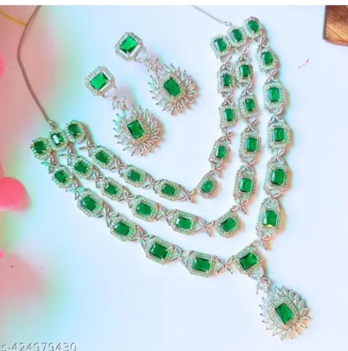 Ethnic AD Indian Bollywood Silver Plated Jewelry Earrings Necklace Bridal Set - Picture 6 of 7