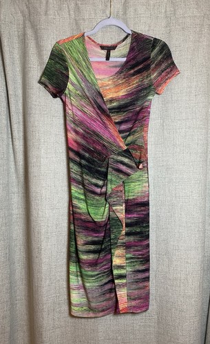BCBG MaxAzria Faux Wrap Dress Multicolor Ombre Ruffles Ruched Bodycon Sz XS