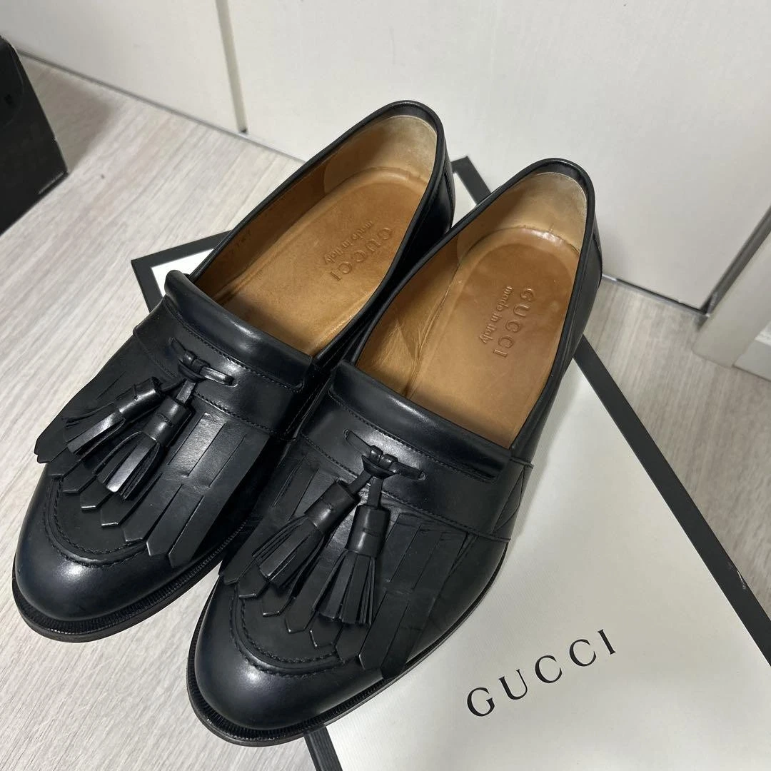 Mocassins homme GUCCI cuir véritable franges plates noires taille 41,5 logo US8