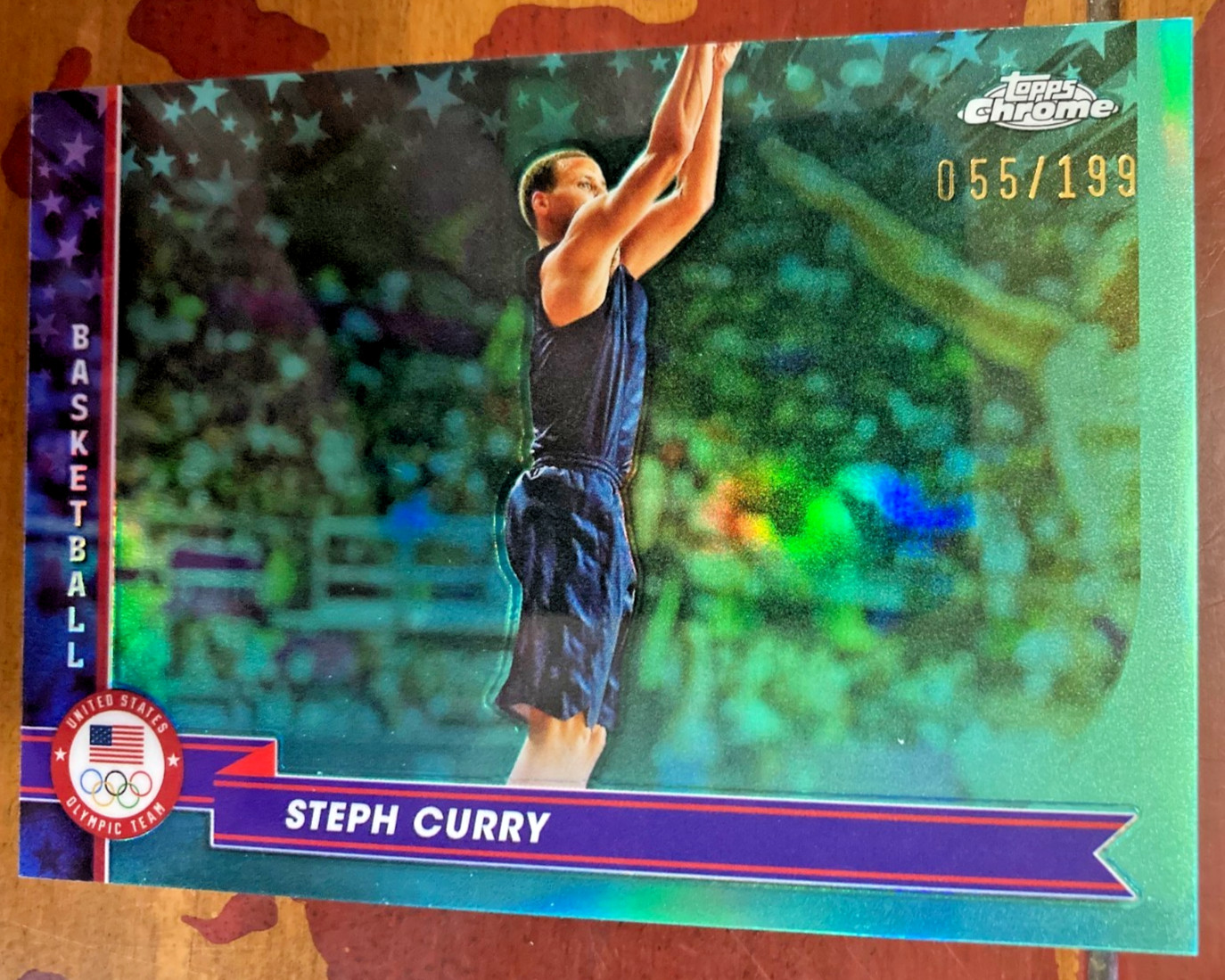2024 Topps Chrome Olympics Steph Curry #119 Green Refractor #d 55/199 Mint USA