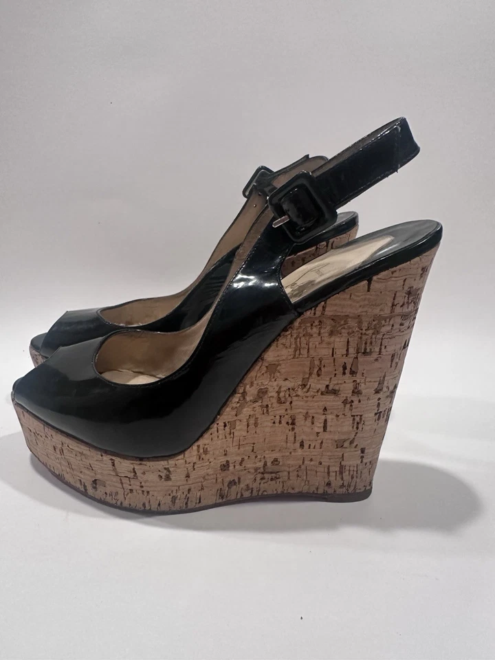 Christian Louboutin Black Patent Leather UNE PLUME SLING 120 Wedge Platform 37.5 - Image 4 of 4