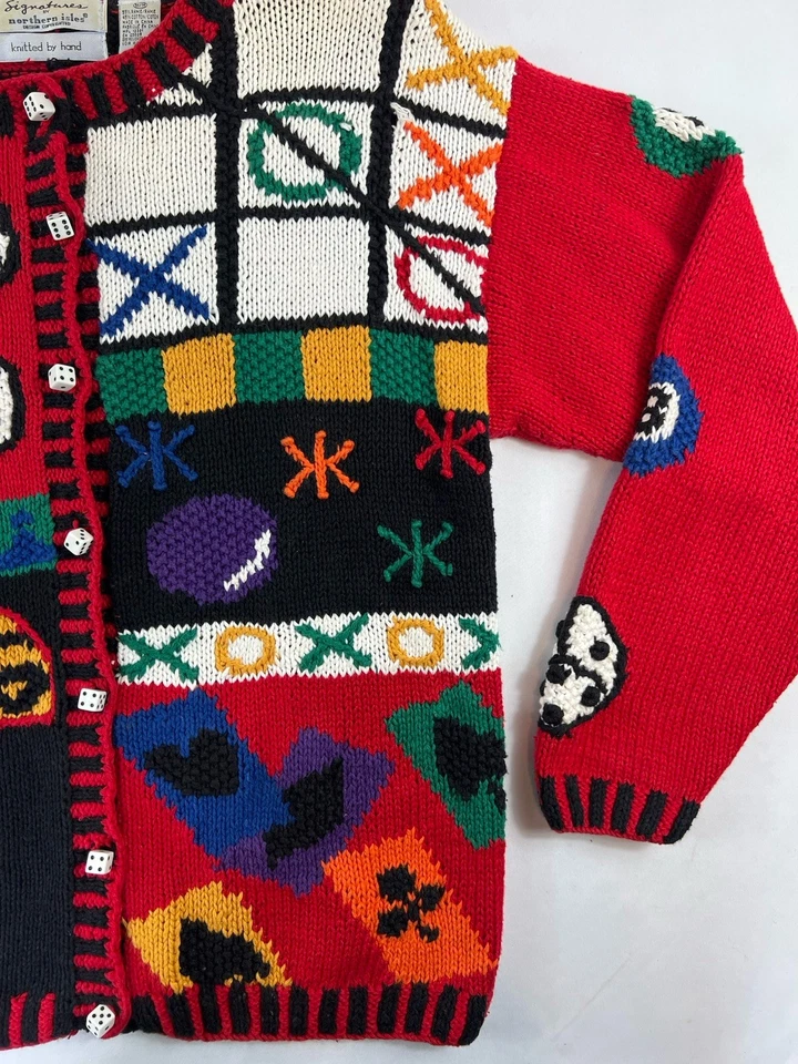 Suéter Cárdigan Tejido a Mano Noche de Juegos De Colección Casino Novedad Estampado M Islas del Norte Foto 4 de 4