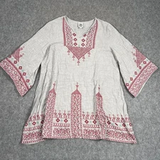 Ivy Jane Beige Red Embroidered 3/4 Kimono Sleeve Tunic Top Women's Size Large