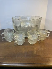 Vintage Indiana Glass, Royal Drape Punch Bowl with 8 Cups Elegant Fused Cups