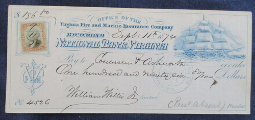 1874 Richmond Virginia Insurance Co Bank Check Sailing Ship Vignette & Revenue