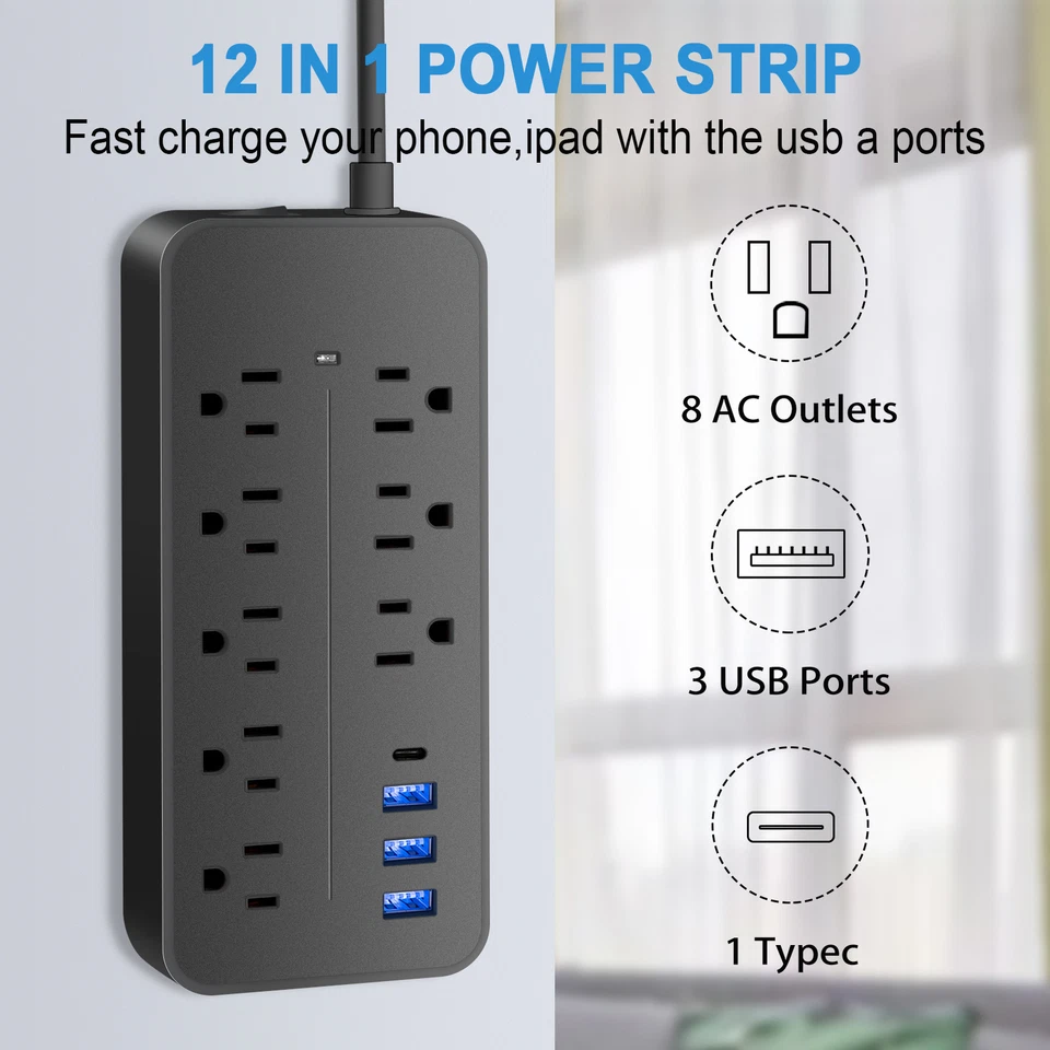 Surge Protector US Power Strip 4 FT Extension Cord Outlets 3 USB & 1 USB-C Port - Image 2 of 4