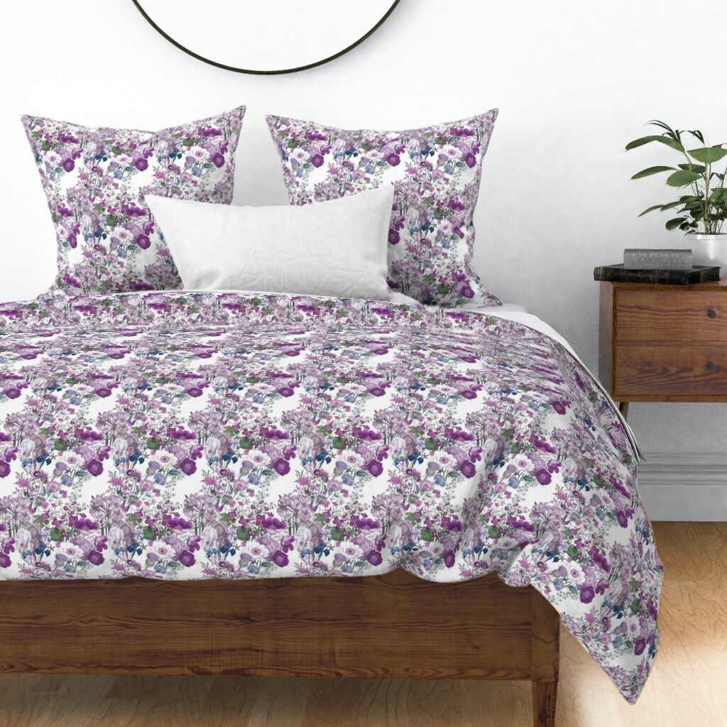 Flowers Floral Botanical Antique lila Vines Sateen Duvet Cover by Roostery Flowers Floral Botanical Antique lila Vines Sateen Duvet Cover by Roostery