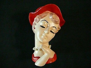 LEFTON-Lady-HeadVase-Large-6-034-Red-Dress-Red-Hat-Beaded-Necklace-Excellent