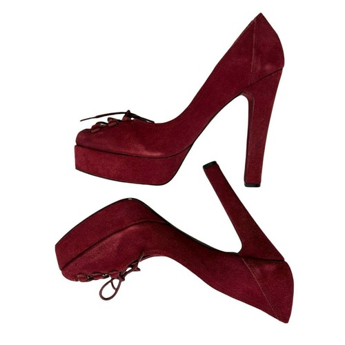 JOIE Red Suede Leather Lace Up Block High Heel Platform Pumps Heels 38 Y2K 90's - Picture 4 of 9