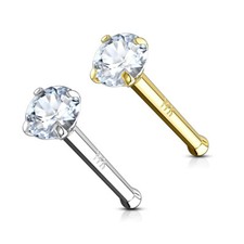 14 Karat Solid Gold 20GA Nose Stud Ring with Prong Set 1.8 mm CZ Gem Top 1PC 6MM