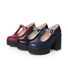 Women's T-strap Platform Mary Jane Chunky High Heels Casual Faux Leather Shoes