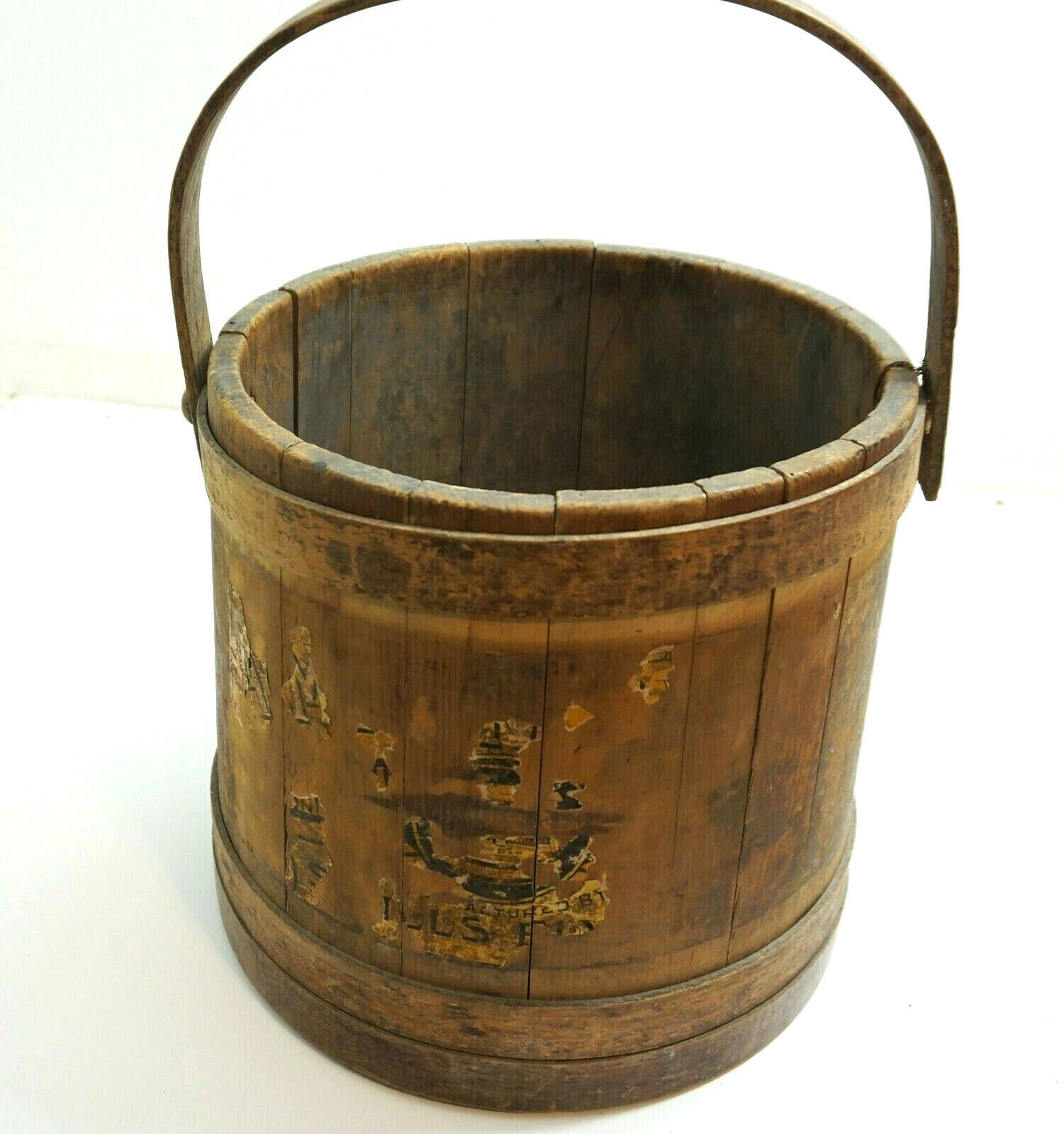 ANTIQUE WOOD AND WOODEN STRAP FIRKIN BUCKET PARTIAL PAPERL LABEL ~ WOOD HANDLE