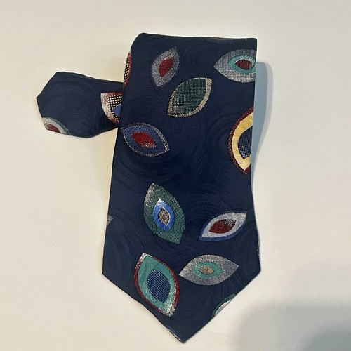Nowells DARKBLUE GREEN EYE SHAPE PATTERN SILK NECKTIE TIE - Picture 2 of 8