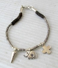 NiCe! Hmong Hill Tribe Unisex Silver & Hemp Charm Bracelet Elephant Design