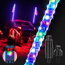 MICTUNING 2PC 4FT W1 Spiral LED Whip Lights with Flag, RGB+IC Chasing Antenna US
