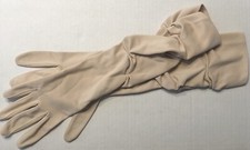 Vintage 1950  s Beige Ruched Shirred 16  Mid Arm Evening Cocktail Gloves-Estate