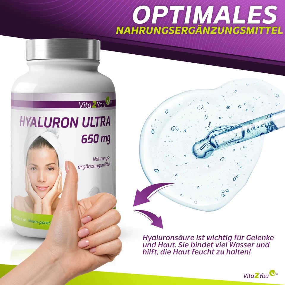 Vita2You Hyaluronsäure Ultra - 650mg - 90 Kapseln - Hochdosiert - ohne Zusätze - Bild 3 von 4