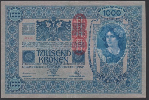 Austria 1000 kronen 1902 1919 DÖ P59 Same Front & Back Block 1463 aF/VF - Picture 8 of 8