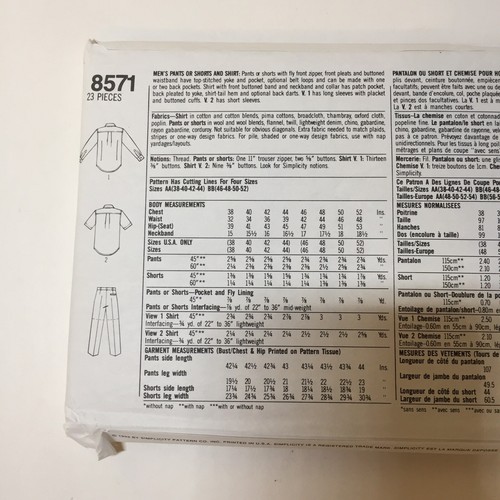 Simplicity 8571 Size 38-44 Men's Pants Shorts Button Down Shirt - Picture 3 of 3