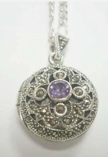 Locket Y Cadena De Amatista Y Marcasita De Plata Esterlina De Segunda Mano - Imagen 2 de 3