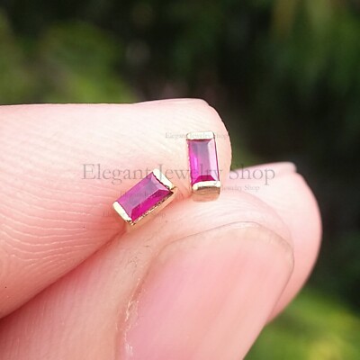 Baguette Cut Ruby Stud Earrings Yellow Gold 14kt Handmade Minimalist Jewelry New