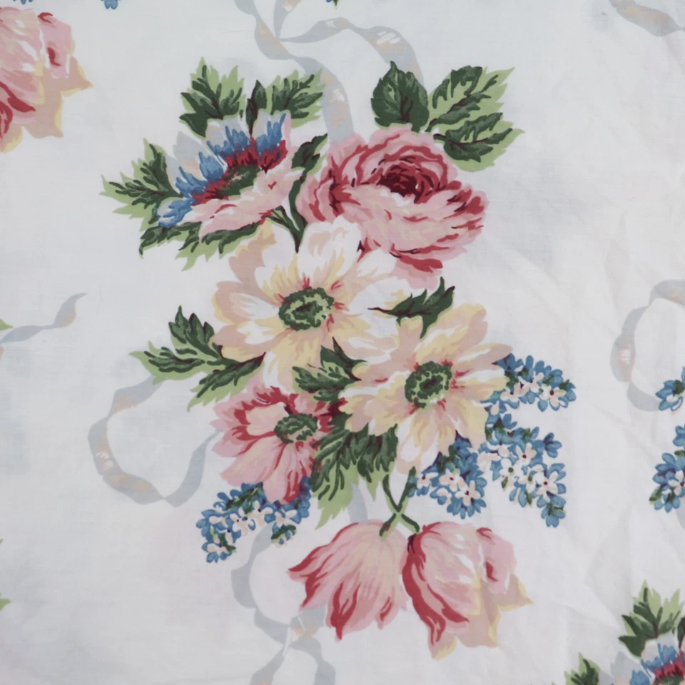 Martha Stewart Ruffled Twin Flat Sheet Pink Roses Ribbons on White Bed Floral - Image 4 of 4