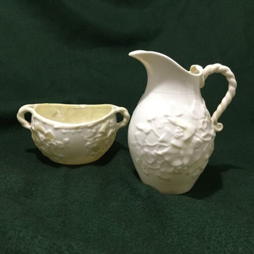 Crema Belleek Ivy Yellow Luster y azucarero abierto tercera marca negra 1926-46 DEFECTUOSO - Imagen 2 de 13