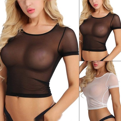 Fashion Tops Blouse Tight Mesh Short sleeve Transparent Shirts T-shirt - Picture 6 of 22