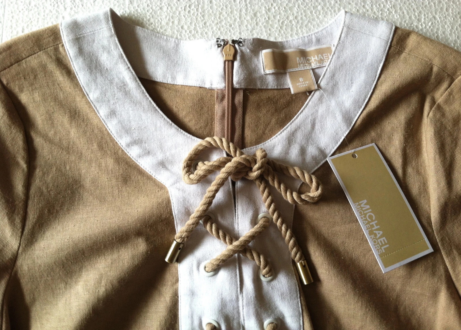 Abito MICHAEL KORS color block stringato manica corta misto lino beige 8