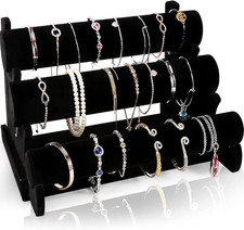 Velvet Bracelet Holder with 3 Tier Rack, Black T-Bar Storage Organizer Detachabl