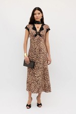 BNWT Rixo Mila Leopard Brown Amari Satin Midi Dress Size L