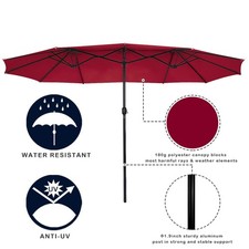 15' Twin Patio Umbrella Double-Sided Outdoor Market Umbrella w/Crank Wine