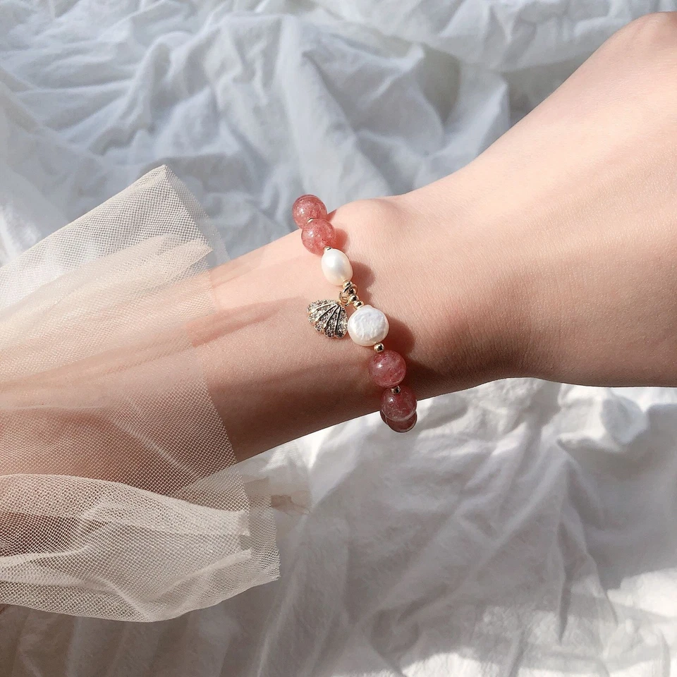Pulsera colgante de cuentas con concha de cristal de fresa de perlas de agua dulce natural Foto 3 de 4