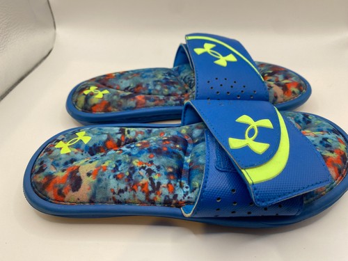 Under Armour mens slide-on Sandals youth size 1 blue and neon green - Picture 6 of 9