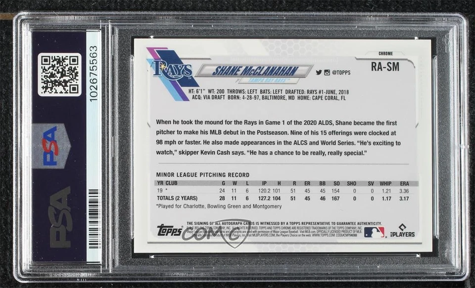 2021 Topps Chrome Sapphire Edition Rookie Shane McClanahan PSA 10 GEM MT Auto RC - Image 2 of 2