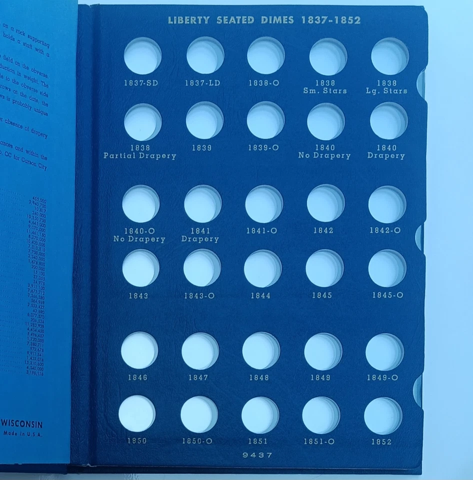 Álbum de monedas de diez centavos de plata libertad sentada Whitman de colección 1837-1891 9437 estantería Foto 3 de 4